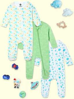 The Mom Store - Vroom Vroom-Elephantastic-Out Of The World Zipper Romper (Pack of 3)