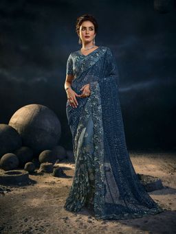 Odette - Blue Net Sequins Embroidered Saree with Unstitched Blouse