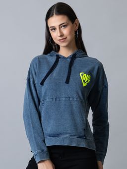 Club York - Womens Indigo Full Sleeve Hooded Chest Print Sweatshirt