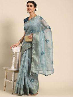 Odette - Blue Cotton Embroidered Saree with Unstitched Blouse