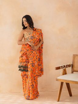 Kaori By Shreya - Women Orange Floral Pre-Draped Saree with Blouse