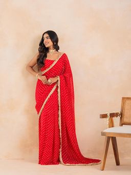 Kaori By Shreya - Women Red Bandhej Pre-Draped Saree with Blouse