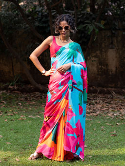Suta - Multi-Color Floral Printed Liva Saree