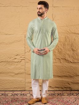 ETHNIC BAY - Men Green Viscose Rayon Embroidered Straight Kurta with Pant