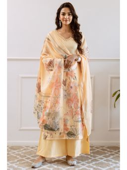 Nehamta - Women's Yellow Linen Kurta and Palazzo with Dupatta (Set of 3)