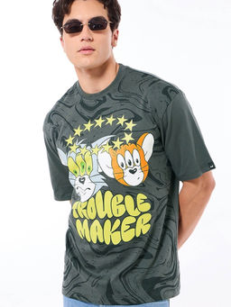Bewakoof - Official Tom & Jerry Men's Grey Trouble Making Graphic Printed Oversized T-shirt