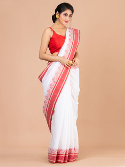 LAA CALCUTTA - White & Red Cotton Tant Saree without Blouse