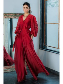 Paulmi & Harsh - Red Dahlia Embroidered Jumpsuit
