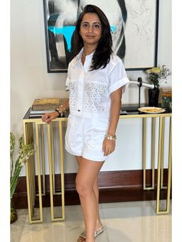 Pallavi Swadi - White Multicolour Swarovski Studs Shorts Co-Ord Set