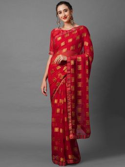 Akhilam - Red Festive Chiffon Solid Saree with Unstitched