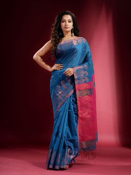 CHARUKRITI - Cerulean Blue with Zari Paisley Motif Saree with Unstitched Blouse