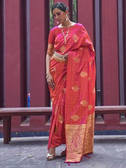 Akhilam - Womens Pure Silk Peach Woven Design Designer Saree with Unstitched Blouse