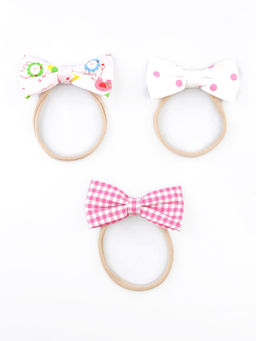 Choko - Floral Print Headband Set for Babies & Girls – Pink & White Cotton Bows (Set of 3)