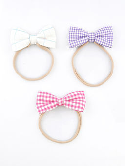 Choko - Set of 3 Stretchable Cotton Bow Headbands for Babies & Girls – Purple, White & Pink