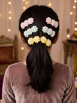 Choko - Flowery Cotton Pearl Hairclip Baby Pink, Soft Blue and Yellow (Set of 6)