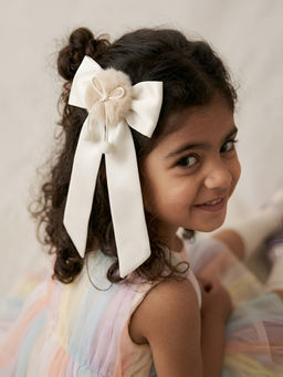 Choko - Girls Christmas Hairclip, White Satin Bow with Fur Pom Detail, Kids Hair Accessory - White (3-12 Years)