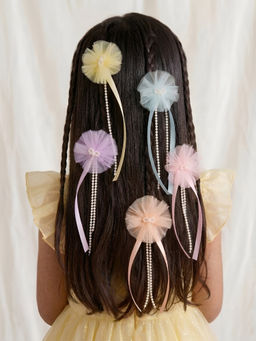 Choko - Multicolour Pastel Tulle Pom Clips with Pearl Bow Detail (Pack Of 5) (3-12 Years)