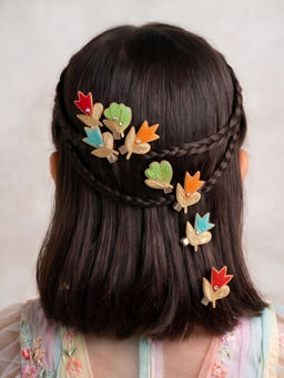 Choko - Girls Floral Leaf Embroidered Metal Hair Clips Festive & Wedding Set - (Pack of 8)