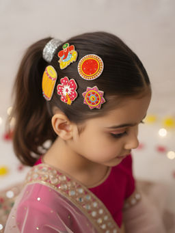 Choko - Girls Ganesha & Dhol Motif Hair Clips – Ethnic Designs for Festivals & Little Traditions - (Pack of 5)
