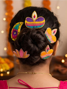 Choko - Diwali Hairclips for Babies and Girls - Gold, Blue, Yellow (Pack of 5)