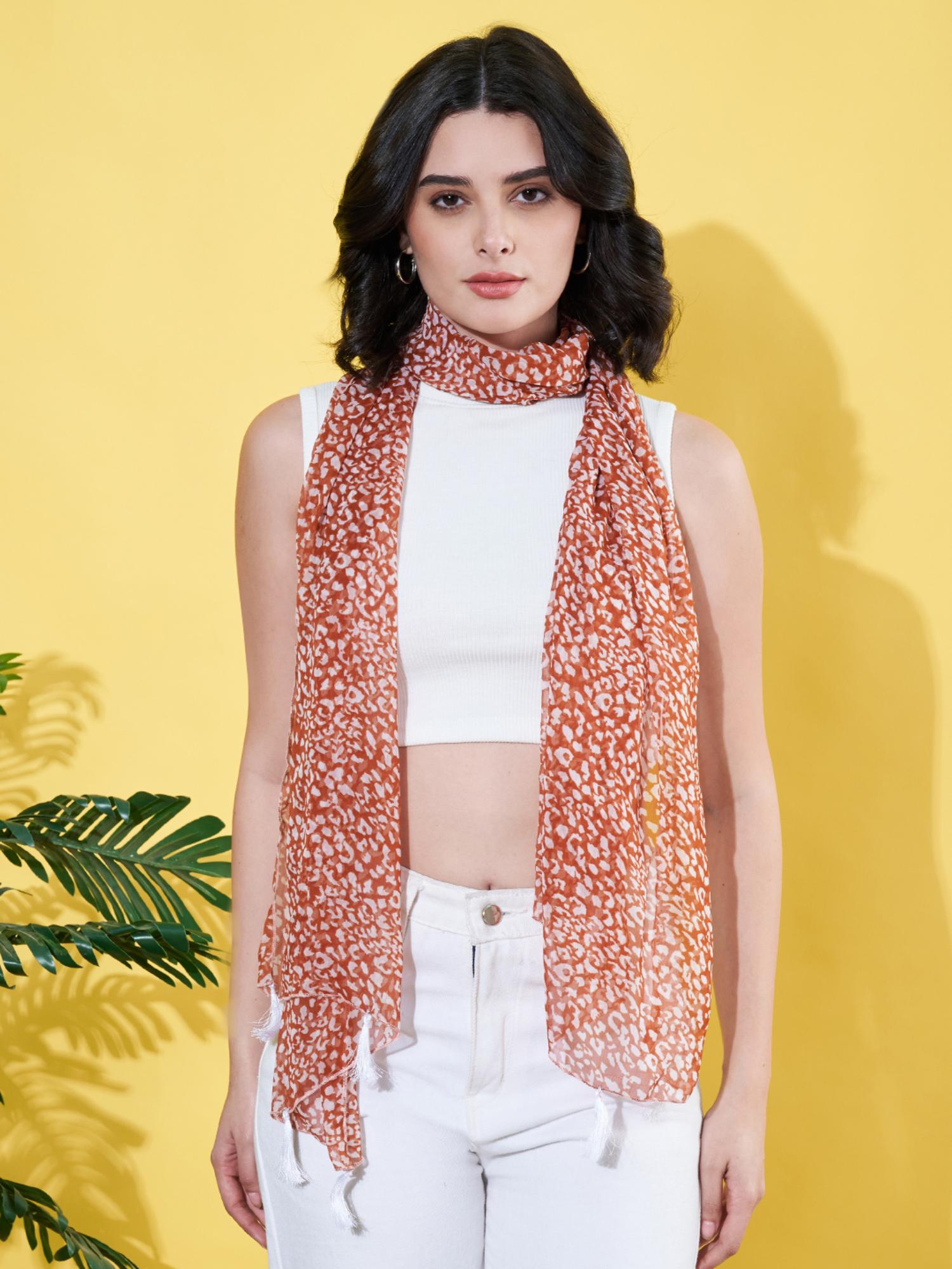 Womens Floral Printed Orange Chiffon Scarf with Tassells-picture-42