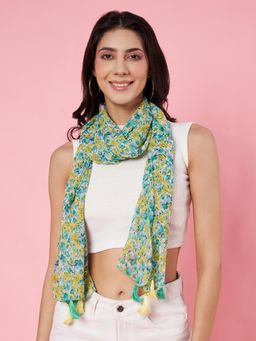 ANVI Be Yourself - Womens Floral Printed Green Chiffon Scarf with Tassells