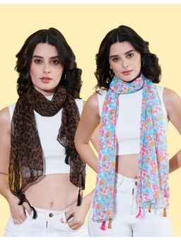 ANVI Be Yourself - Women Printed Chiffon Scarves with Tasselled (Pack Of 2)