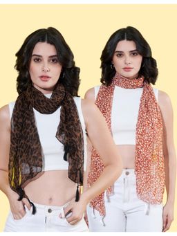 ANVI Be Yourself - Women Printed Chiffon Scarves with Tasselled (Pack Of 2)