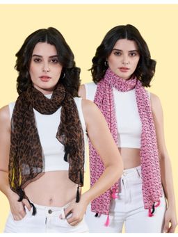 ANVI Be Yourself - Women Printed Chiffon Scarves with Tasselled (Pack Of 2)