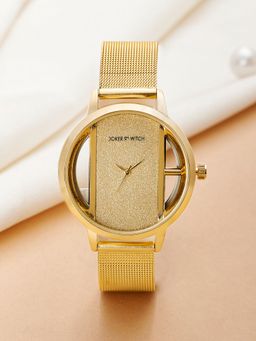 Joker and Witch - Joker & Witch Futuristic Gold Watch with A Glitter Dial and Mesh Strap-AMWW1026 (M)