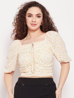Madame - Yellow Printed Square Neck Crop Tops