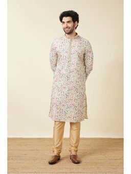 Manyavar - Cream Blended Viscose Printed Embroidery Kurta with Churidar (Set of 2)