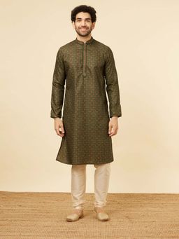 Manyavar - Green Blended Viscose Digital Print Embroidery Kurta with Churidar (Set of 2)