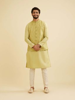 Manyavar - Green Art Silk Embroidery Kurta & Jacket with Churidar (Set of 3)