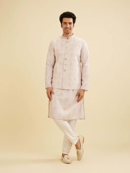 Manyavar - Beige Blended Cotton Print Embroidery Kurta & Jacket with Pyjama (Set of 3)