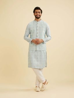 Manyavar - Blue Blended Cotton Print Embroidery Kurta & Jacket with Churidar (Set of 3)
