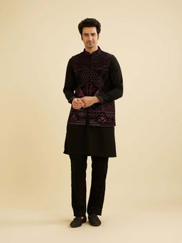 Manyavar - Black Velvet Embroidery Sequins Work Kurta & Jacket with Churidar (Set of 3)