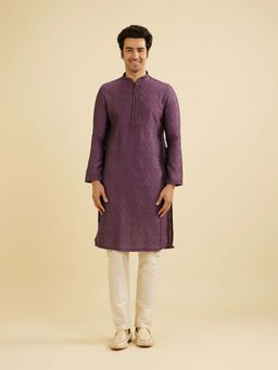 Manyavar - Purple Blended Viscose Embroidery Work Kurta & Pyjama (Set of 2)