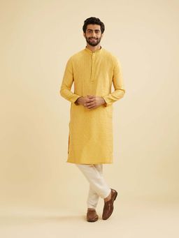Manyavar - Yellow Blended Viscose Embroidery Work Kurta & Churidar (Set of 2)
