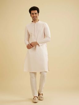 Manyavar - Off White Blended Viscose Embroidery Kurta & Pyjama (Set of 2)