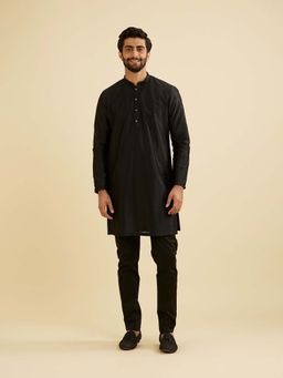 Manyavar - Black Art Silk Textured Kurta & Pant (Set of 2)