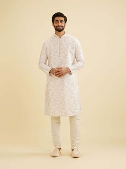 Manyavar - Cream Art Silk Digital Print Kurta & Churidar (Set of 2)