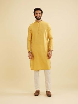 Manyavar - Yellow Blended Viscose Self Design Kurta & Pyjama (Set of 2)