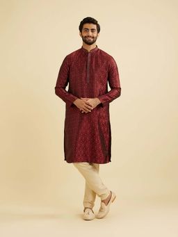 Manyavar - Maroon Brocade Self Design Kurta & Churidar (Set of 2)