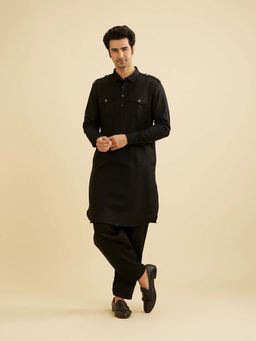 Manyavar - Black Cotton Plain Kurta & Salwar (Set of 2)