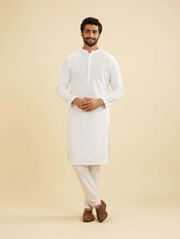 Manyavar - White Blended Cotton Embroidery Thread Work Kurta & Churidar (Set of 2)