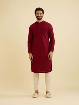 Manyavar - Maroon Blended Cotton Embroidery Thread Work Kurta & Churidar (Set of 2)