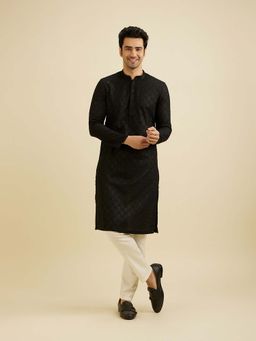 Manyavar - Black Blended Cotton Embroidery Kurta & Pyjama (Set of 2)