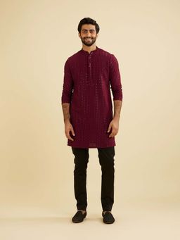 Manyavar - Maroon Viscose Embroidery Sequins Work Kurta & Pant (Set of 2)