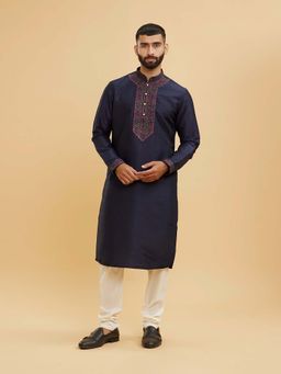 Manyavar - Blue Art Silk Thread Embroidery Kurta & Churidar (Set of 2)